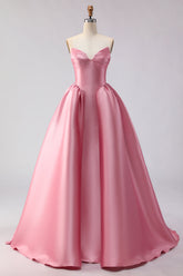 Pink Satin Ball Gown Strapless Prom Dress