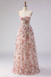 Light Pink Floral Corset A Line Ruffled Prom Dress