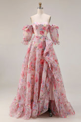 Off the Shoulder Pink Floral A Line Ruffled Prom Dress