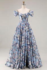 Off the Shoulder Blue Floral A Line Corset Prom Dress