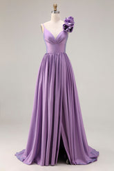 Purple 3D Flowers A Line Pleated Prom Dress