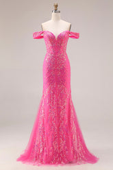 Sparkly Off the Shoulder Appliqued Fuchsia Prom Dress