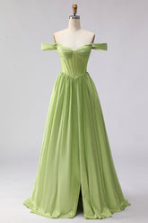 Green Off the Shoulder Corset A Line Prom Dress