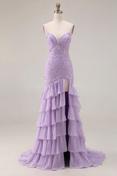Purple Tiered Maxi Prom Dress with Appliques