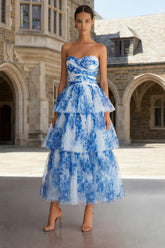 White Blue Floral Strapless Tiered Wedding Guest Dress