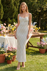 White Black Polka Dot Maxi Wedding Guest Dress