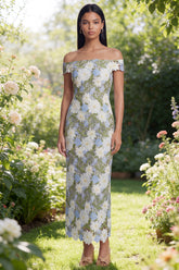 Off the Shoulder Cut Out Floral Green Wedding Guest Dress