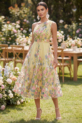 Floral Yellow One Shoulder A Line Midi Wedding Guest Dress