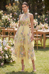 Halter Floral Yellow A Line Ruffled Wedding Guest Dress
