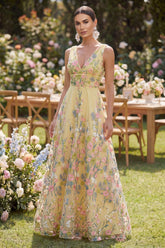 Floral Yellow V Neck A Line Maxi Wedding Guest Dress