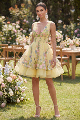 Yellow Floral A Line Mini Wedding Guest Dress
