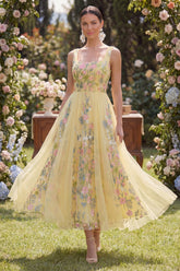 Floral Yellow A Line Embroidered Wedding Guest Dress