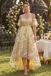 Off the Shoulder Floral Yellow High Low Wedding Guest Dress