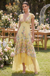 Floral Yellow A Line V Neck Wedding Guest Dress with Cap Sleeves