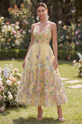 Floral Yellow A Line Embroidered Midi Wedding Guest Dress