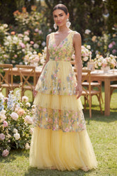 Floral Yellow Tulle Tiered V Neck Embroidered Wedding Guest Dress