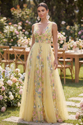 Yellow Floral Tulle A Line V Neck Embroidered Wedding Guest Dress