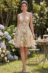Floral A Line Champagne Corset Mini Wedding Guest Dress