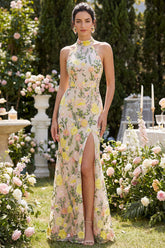 Halter Mermaid Floral Champagne Maxi Wedding Guest Dress