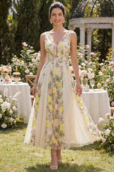 Embroidered A Line V Neck Floral Champagne Wedding Guest Dress