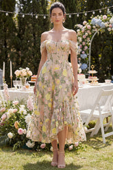 Off the Shoulder Corset A Line Floral Champagne Wedding Guest Dress