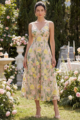 Floral A Line Champagne Midi Wedding Guest Dress