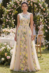 Bateau Neck Floral A Line Champagne Wedding Guest Dress