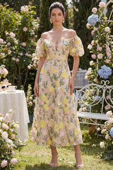 Champagne Off the Shoulder Floral A Line Wedding Guest Dress