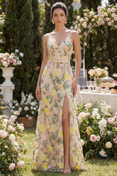Embroidered Champagne Floral A Line Wedding Guest Dress with Belt