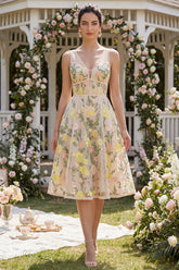 Champagne Floral A Line Corset Midi Wedding Guest Dress