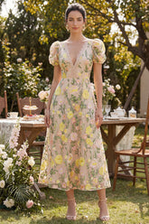 Champagne A Line Embroidered Floral Midi Wedding Guest Dress