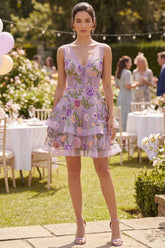 Tiered Lilac Embroidered Floral Mini Wedding Guest Dress