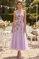 Lilac Embroidered Floral A Line Tulle Wedding Guest Dress