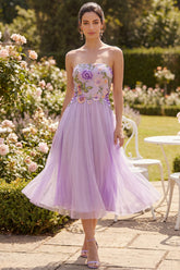Strapless Floral Lilac Embroidered A Line Wedding Guest Dress