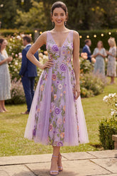Embroidered Floral Lilac A Line V Neck Wedding Guest Dress