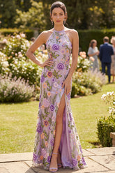 Halter Embroidered Floral Lilac Wedding Guest Dress with Slit