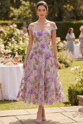 Off the Shoulder A Line Embroidered Floral Lilac Wedding Guest Dress
