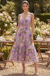 Floral A Line Embroidered Lilac Ruffled Wedding Guest Dress