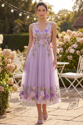 Lilac Floral A Line Embroidered V Neck Wedding Guest Dress