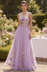 Strapless Floral Lilac A Line Embroidered Maxi Wedding Guest Dress