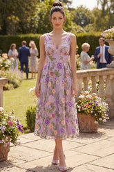 Floral Lilac A Line Pleated Midi Wedding Guest Dress
