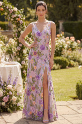 Floral Lilac Mermaid Embroidered V Neck Wedding Guest Dress