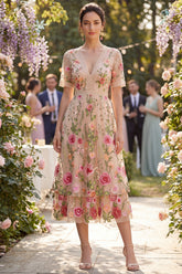 Floral Blush A Line Embroidered Midi Wedding Guest Dress