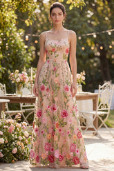 Blush Floral A Line Embroidered Maxi Wedding Guest Dress