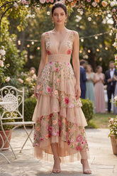 Tiered Blush Floral A Line High Low Wedding Guest Dress