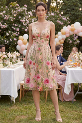 A Line Blush Floral V Neck Ruched Midi Wedding Guest Dress