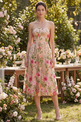 Strapless A Line Blush Floral Midi Wedding Guest Dress