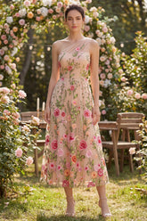 One Shoulder A Line Blush Floral Embroidered Wedding Guest Dress