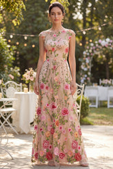 Cap Sleeve Blush Floral Embroidered Maxi Wedding Guest Dress