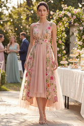 High Low Blush Floral Embroidered A Line Wedding Guest Dress